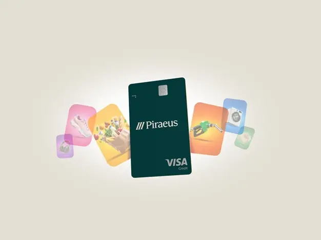 Colorful Piraeus Bank cards showcasing cashback rewards and payment options.