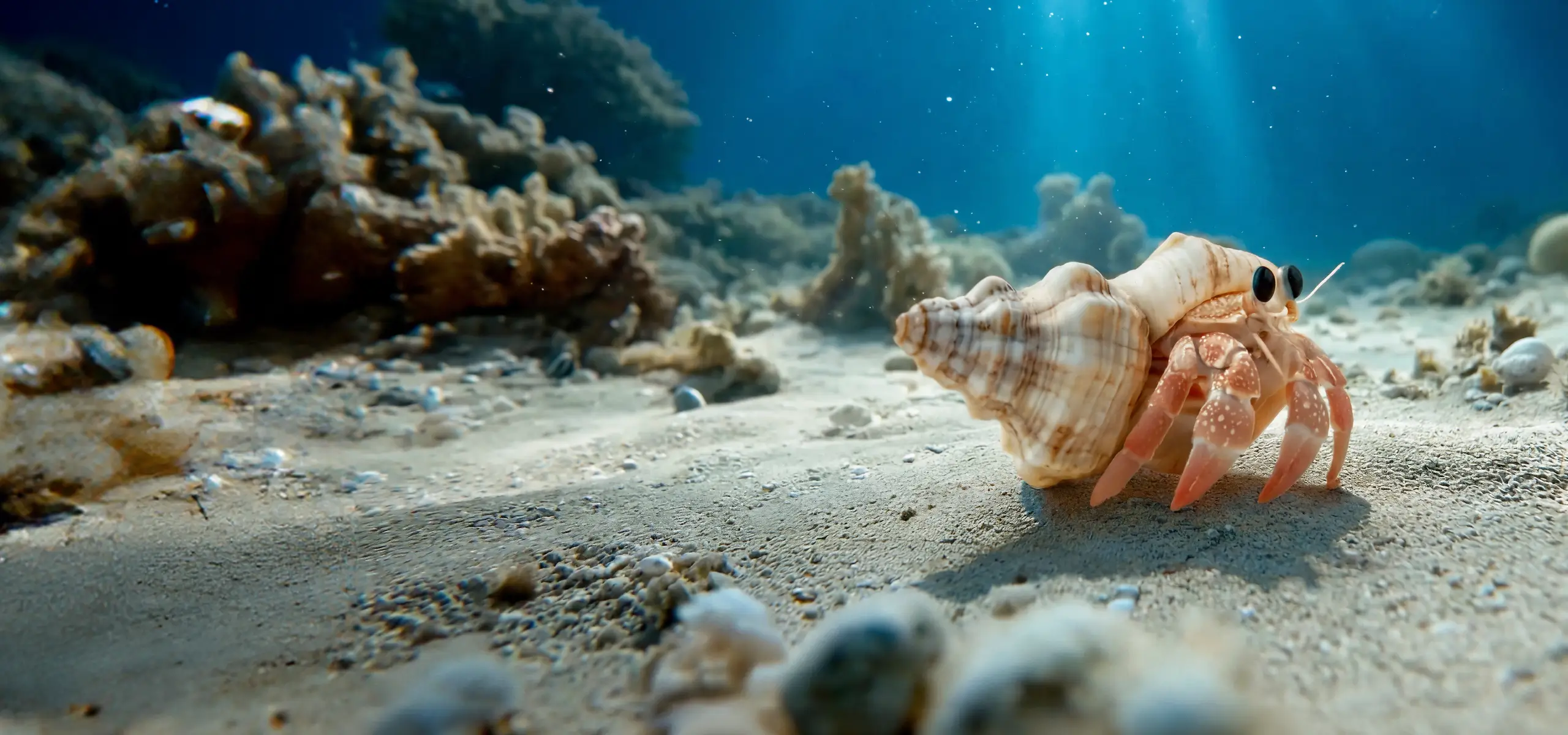 Ένα καβούρι-ερημίτη στον βυθό της θάλασσας. Βρίσκεται πάνω σε αμμώδες έδαφος, κουβαλώντας ένα μεγάλο, ανοιχτόχρωμο κοχύλι ως προστασία. Το σώμα του έχει ροζ και λευκές αποχρώσεις, με λεπτομέρειες στα πόδια και στα μάτια του που ξεχωρίζουν. Από την επιφάνεια του νερού κατεβαίνουν ακτίνες φωτός, δημιουργώντας μια ήρεμη, γαλάζια ατμόσφαιρα.