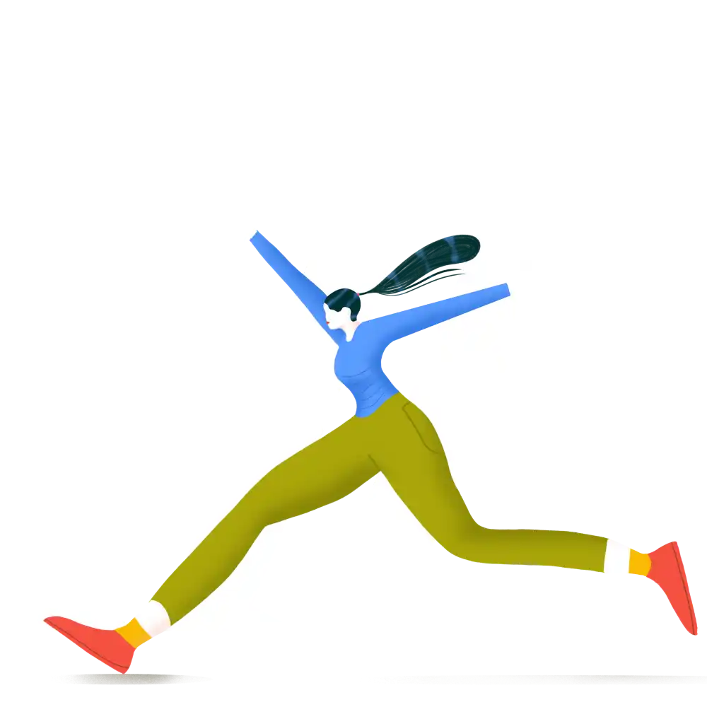 Modern illustration of an energetic woman running with bold colors and the logo of the Piraeus Bank in the background.